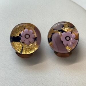 Vintage Murano Pink Millefiori Glass Gold Foil Clip On Earrings Blue 1/2"